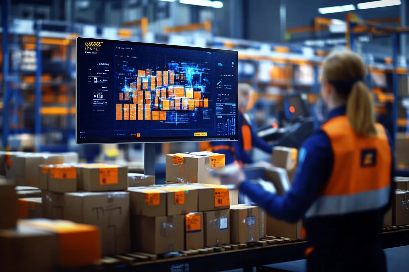 Pracownica pakuje zamówienie e-commerce, w tle ekran z mapą rozmieszczenia paczek w magazynie