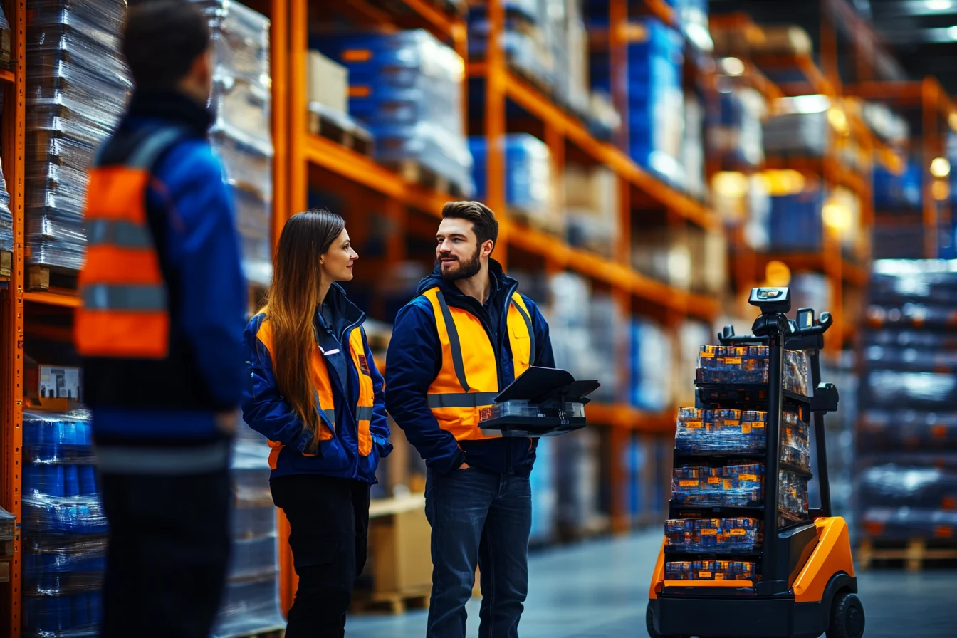 Dwoje pracowników rozmawia obok autonomicznego robota transportowego z pojemnikami