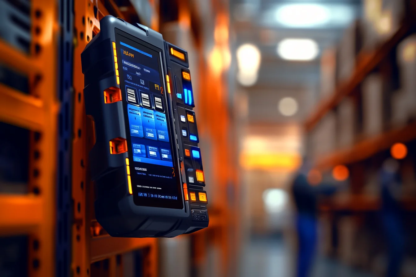 Zawieszony na regale terminal mobilny z panelem aplikacji i przyciskami funkcyjnymi