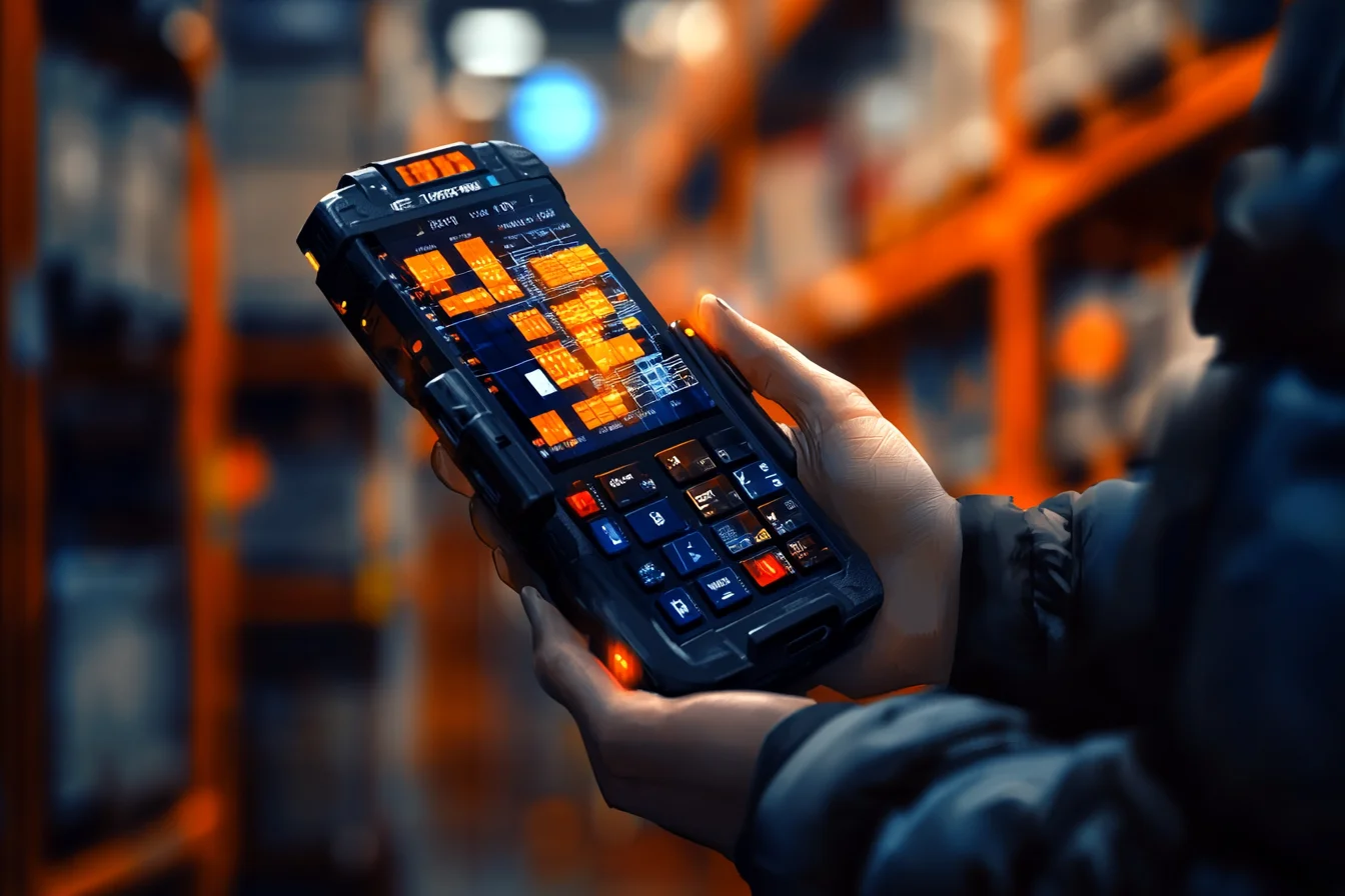 Zbliżenie terminala z systemem Android i siatką pomarańczowych ikon aplikacji WMS