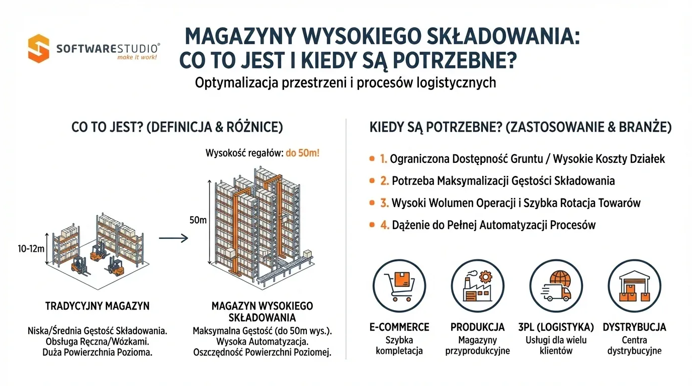 Porównanie tradycyjnego magazynu z magazynem wysokiego składowania obsługiwanym przez system Studio WMS.net.