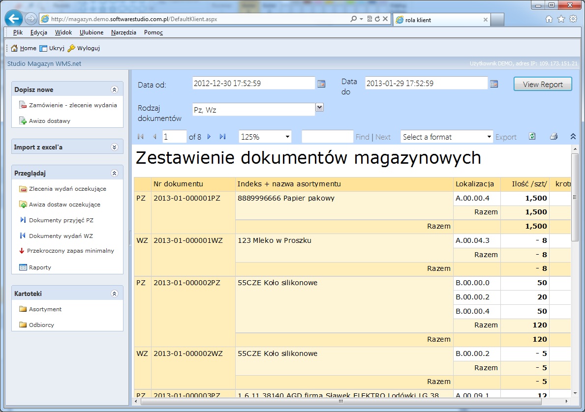 Stany magazynowe 1 Interfejs programu Studio WMS.net prezentujący zestawienie dokumentów magazynowych PZ i WZ w przeglądarce.