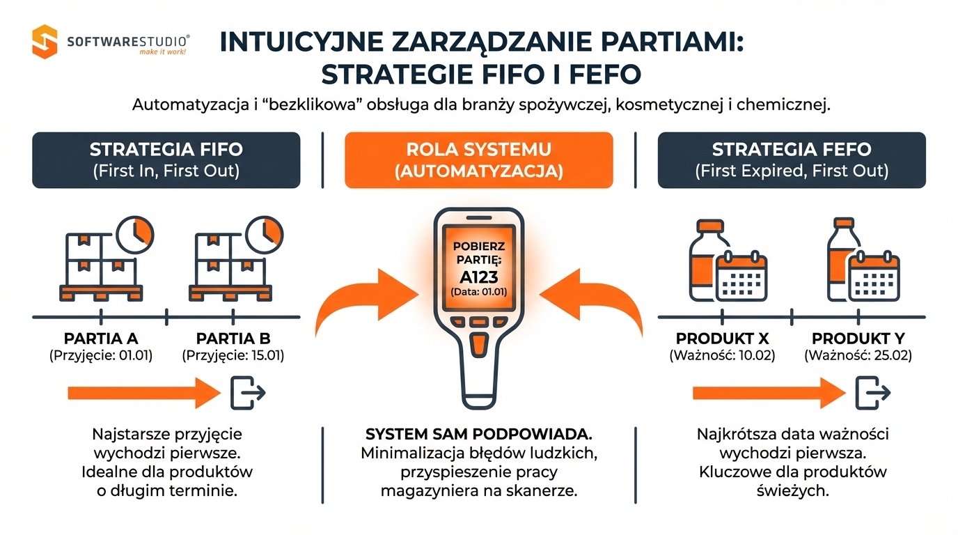 WMS dla małej firmy – pełna kontrola przy minimalnej infrastrukturze 2 Infografika SoftwareStudio porównująca strategie magazynowe FIFO i FEFO w systemie WMS z wykorzystaniem skanera.