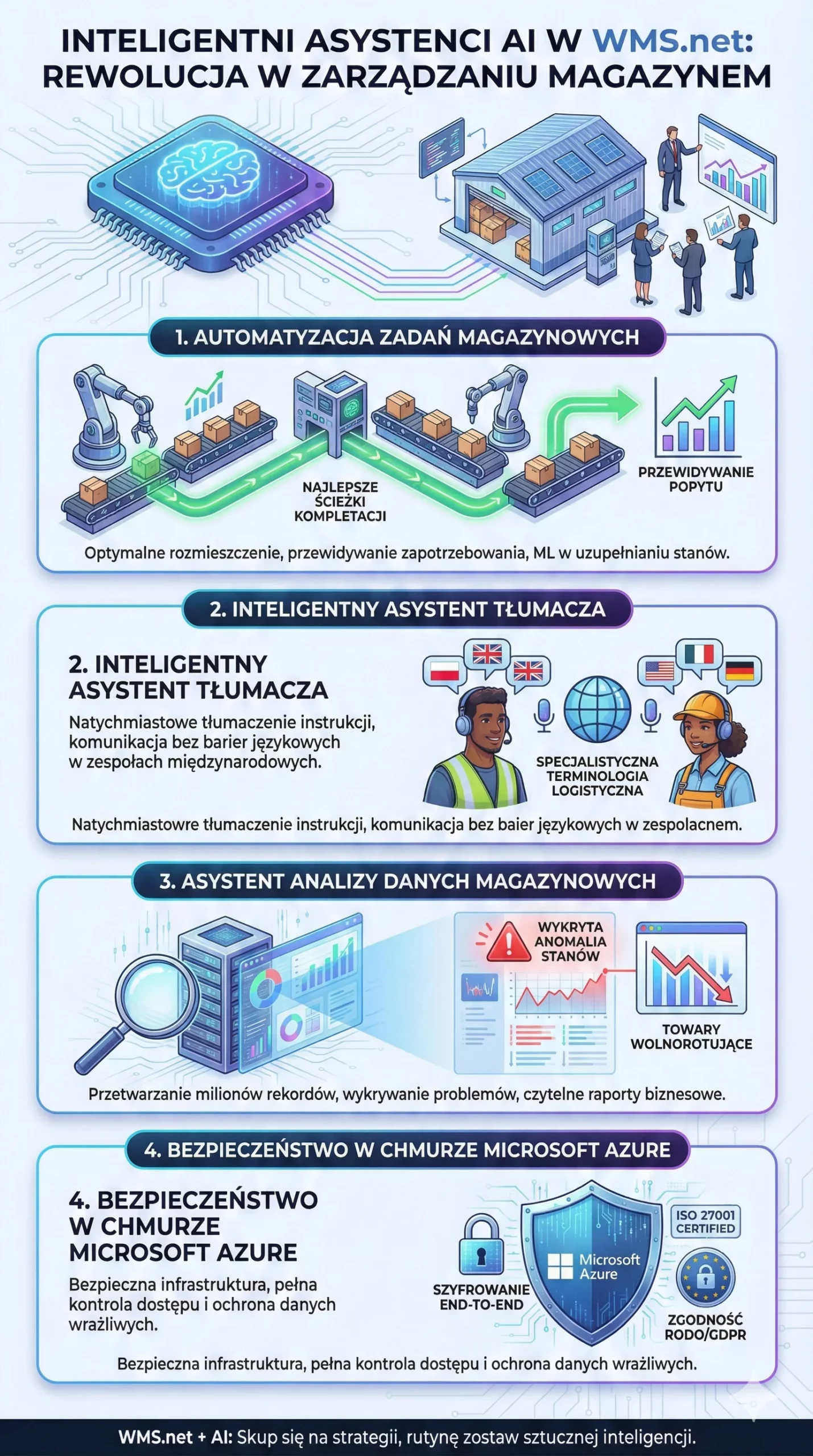 Infografika przedstawiająca cztery kluczowe funkcje inteligentnych asystentów AI w systemie zarządzania magazynem WMS.net od SoftwareStudio.