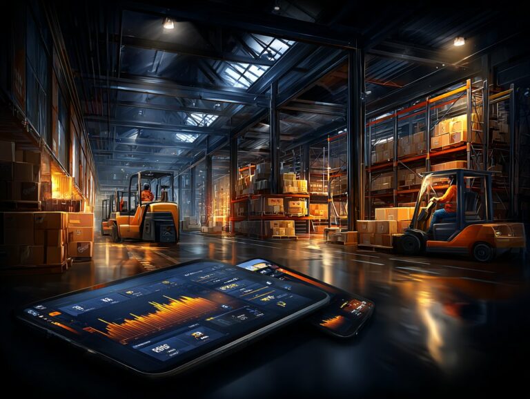 Program WMS.net - Inteligentny System Magazynowy 8 Wózek widłowy w magazynie i tablet z analityką AI systemu Studio WMS.net dla małej firmy.